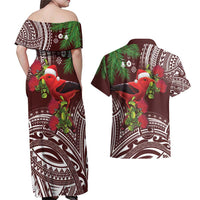 Christmas Hawaii with I'iwi Bird Couples Matching Off Shoulder Maxi Dress and Hawaiian Shirt Aloha Mele Kalikimaka - Oxblood Art