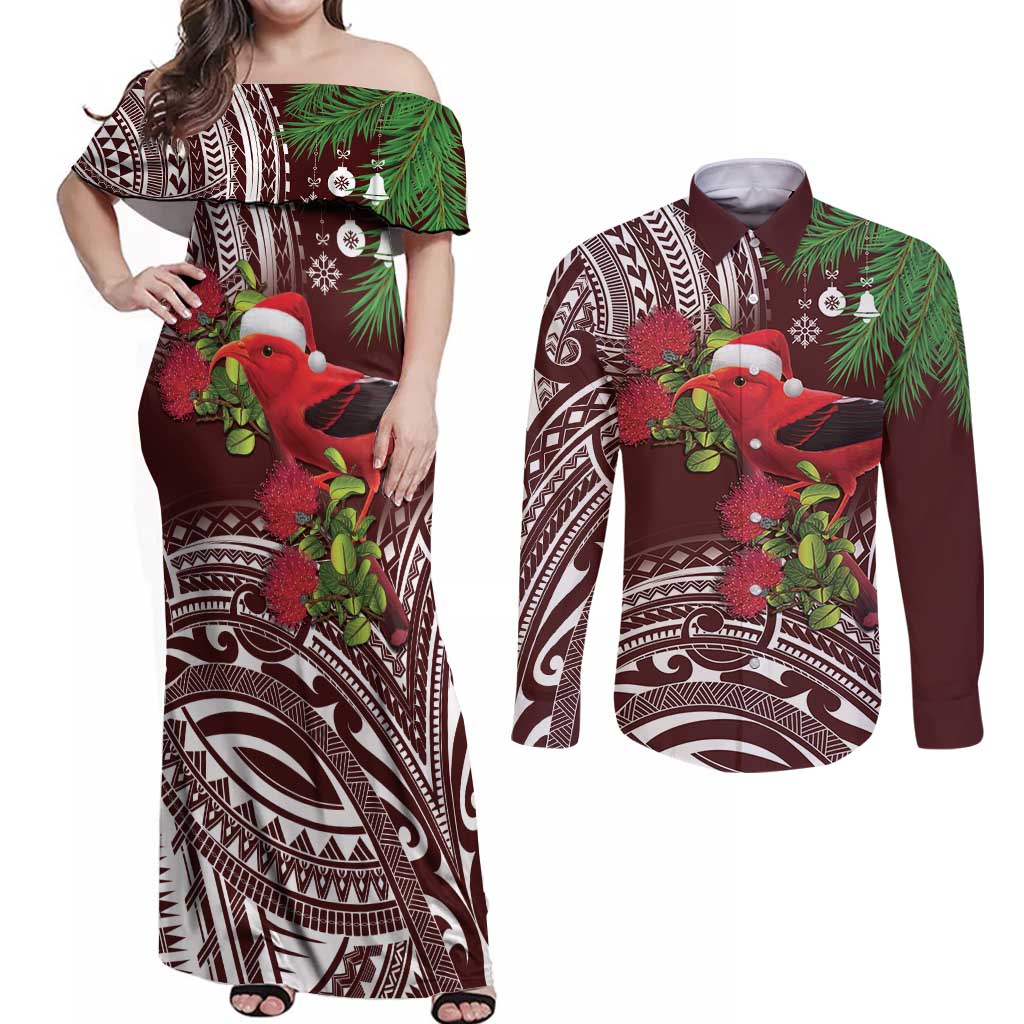 Christmas Hawaii with I'iwi Bird Couples Matching Off Shoulder Maxi Dress and Long Sleeve Button Shirt Aloha Mele Kalikimaka - Oxblood Art