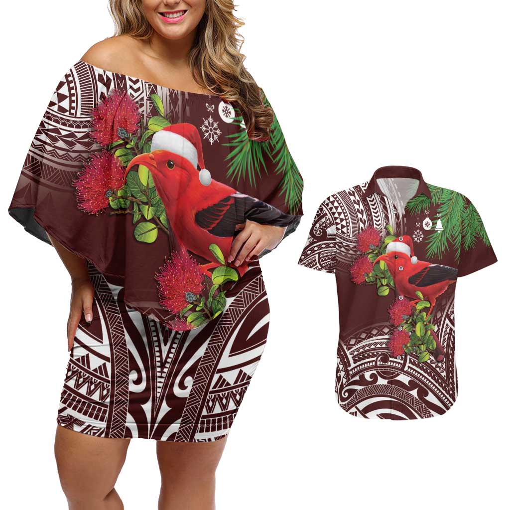 Christmas Hawaii with I'iwi Bird Couples Matching Off Shoulder Short Dress and Hawaiian Shirt Aloha Mele Kalikimaka - Oxblood Art