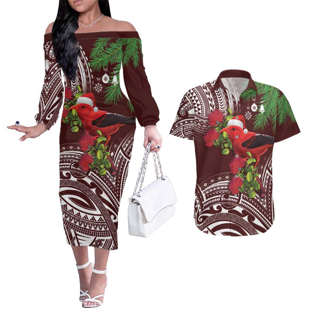 Christmas Hawaii with I'iwi Bird Couples Matching Off The Shoulder Long Sleeve Dress and Hawaiian Shirt Aloha Mele Kalikimaka - Oxblood Art