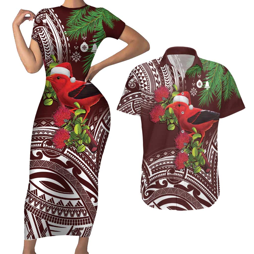 Christmas Hawaii with I'iwi Bird Couples Matching Short Sleeve Bodycon Dress and Hawaiian Shirt Aloha Mele Kalikimaka - Oxblood Art