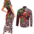 Christmas Hawaii with I'iwi Bird Couples Matching Short Sleeve Bodycon Dress and Long Sleeve Button Shirt Aloha Mele Kalikimaka - Oxblood Art