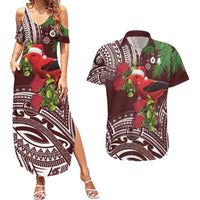 Christmas Hawaii with I'iwi Bird Couples Matching Summer Maxi Dress and Hawaiian Shirt Aloha Mele Kalikimaka - Oxblood Art