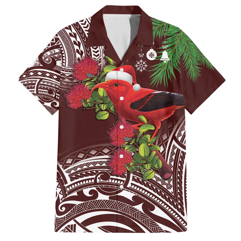 Christmas Hawaii with I'iwi Bird Family Matching Long Sleeve Bodycon Dress and Hawaiian Shirt Aloha Mele Kalikimaka - Oxblood Art