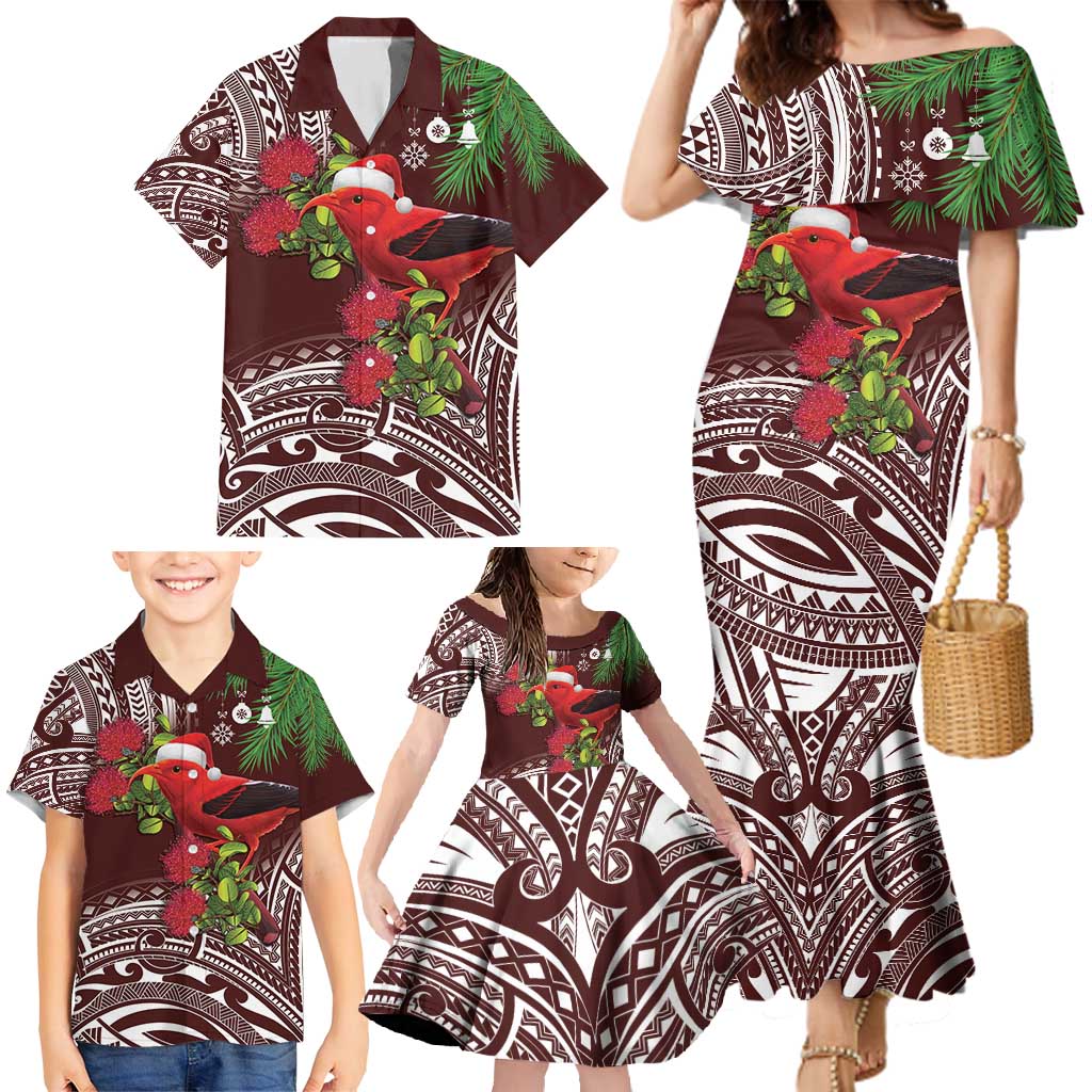 Christmas Hawaii with I'iwi Bird Family Matching Mermaid Dress and Hawaiian Shirt Aloha Mele Kalikimaka - Oxblood Art