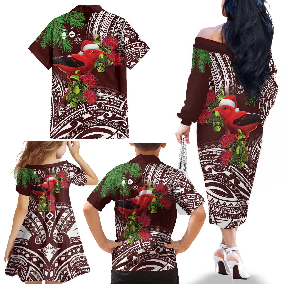 Christmas Hawaii with I'iwi Bird Family Matching Off The Shoulder Long Sleeve Dress and Hawaiian Shirt Aloha Mele Kalikimaka - Oxblood Art