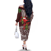 Christmas Hawaii with I'iwi Bird Family Matching Off The Shoulder Long Sleeve Dress and Hawaiian Shirt Aloha Mele Kalikimaka - Oxblood Art