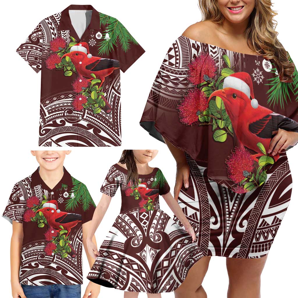 Christmas Hawaii with I'iwi Bird Family Matching Off Shoulder Short Dress and Hawaiian Shirt Aloha Mele Kalikimaka - Oxblood Art