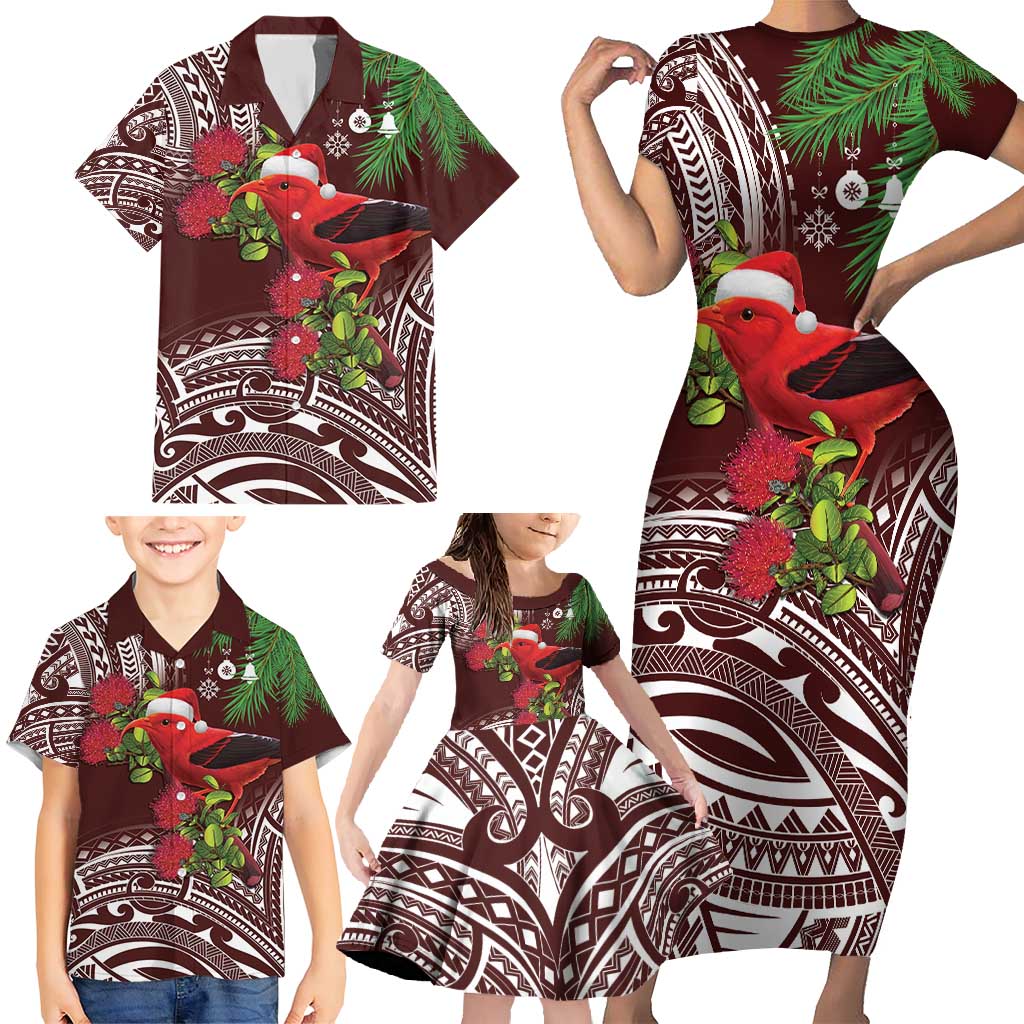 Christmas Hawaii with I'iwi Bird Family Matching Short Sleeve Bodycon Dress and Hawaiian Shirt Aloha Mele Kalikimaka - Oxblood Art