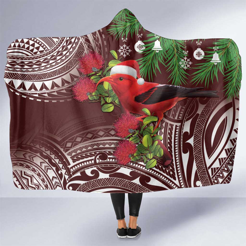 Christmas Hawaii with I'iwi Bird Hooded Blanket Aloha Mele Kalikimaka - Oxblood Art LT9 One Size Oxblood - Polynesian Pride