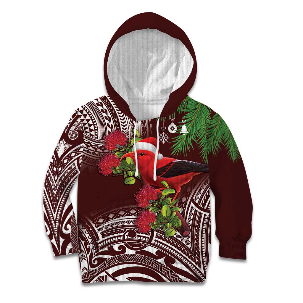 Christmas Hawaii with I'iwi Bird Kid Hoodie Aloha Mele Kalikimaka - Oxblood Art