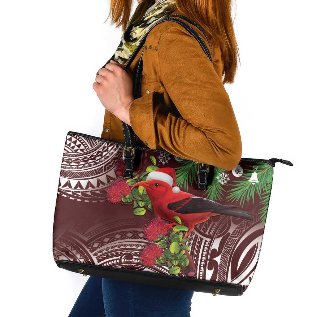 Christmas Hawaii with I'iwi Bird Leather Tote Bag Aloha Mele Kalikimaka - Oxblood Art LT9 Oxblood - Polynesian Pride