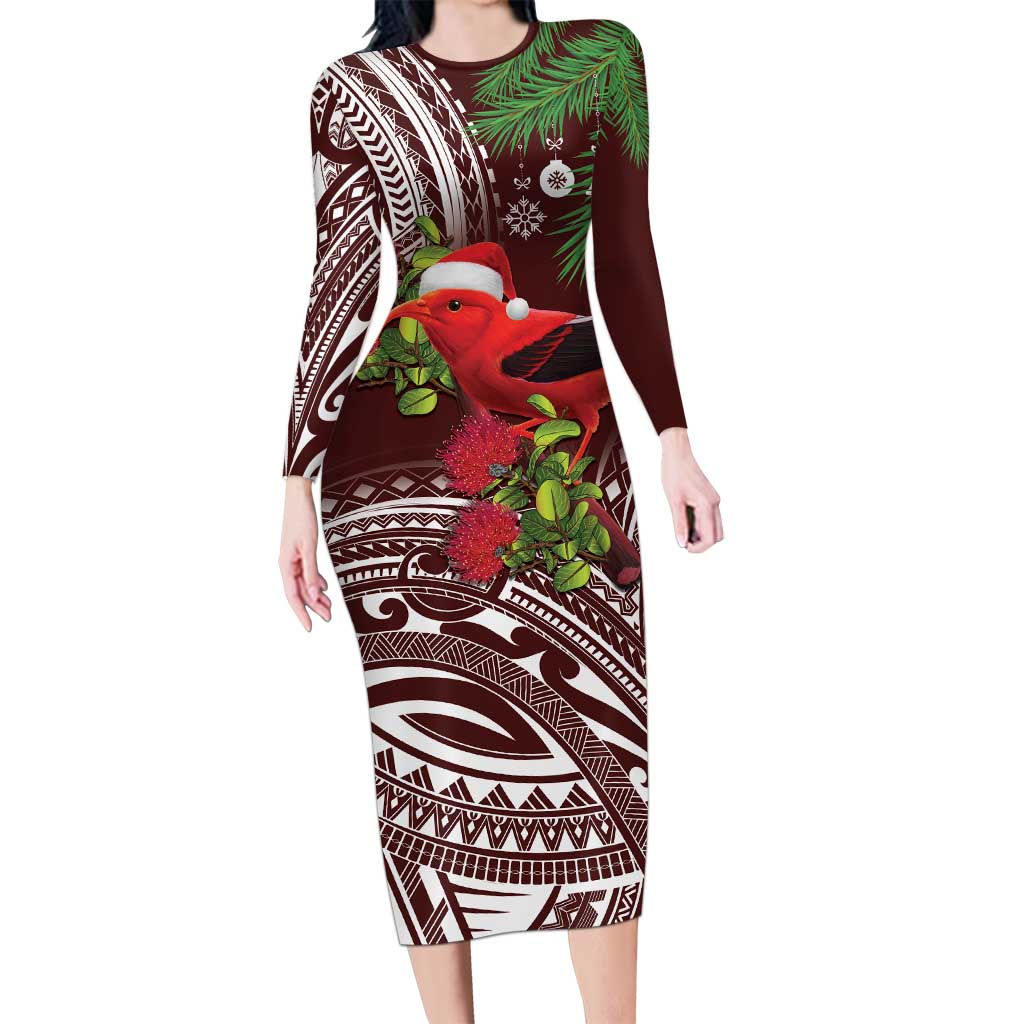 Christmas Hawaii with I'iwi Bird Long Sleeve Bodycon Dress Aloha Mele Kalikimaka - Oxblood Art