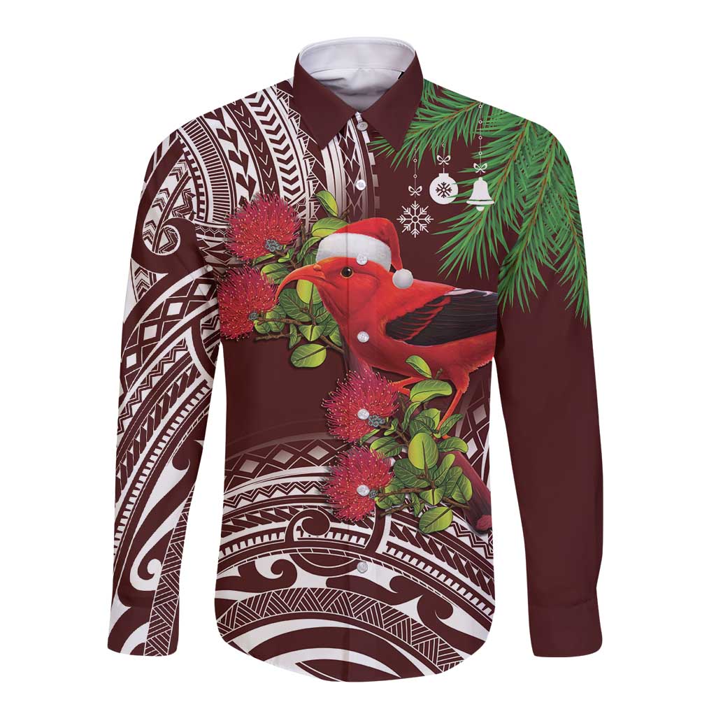 Christmas Hawaii with I'iwi Bird Long Sleeve Button Shirt Aloha Mele Kalikimaka - Oxblood Art