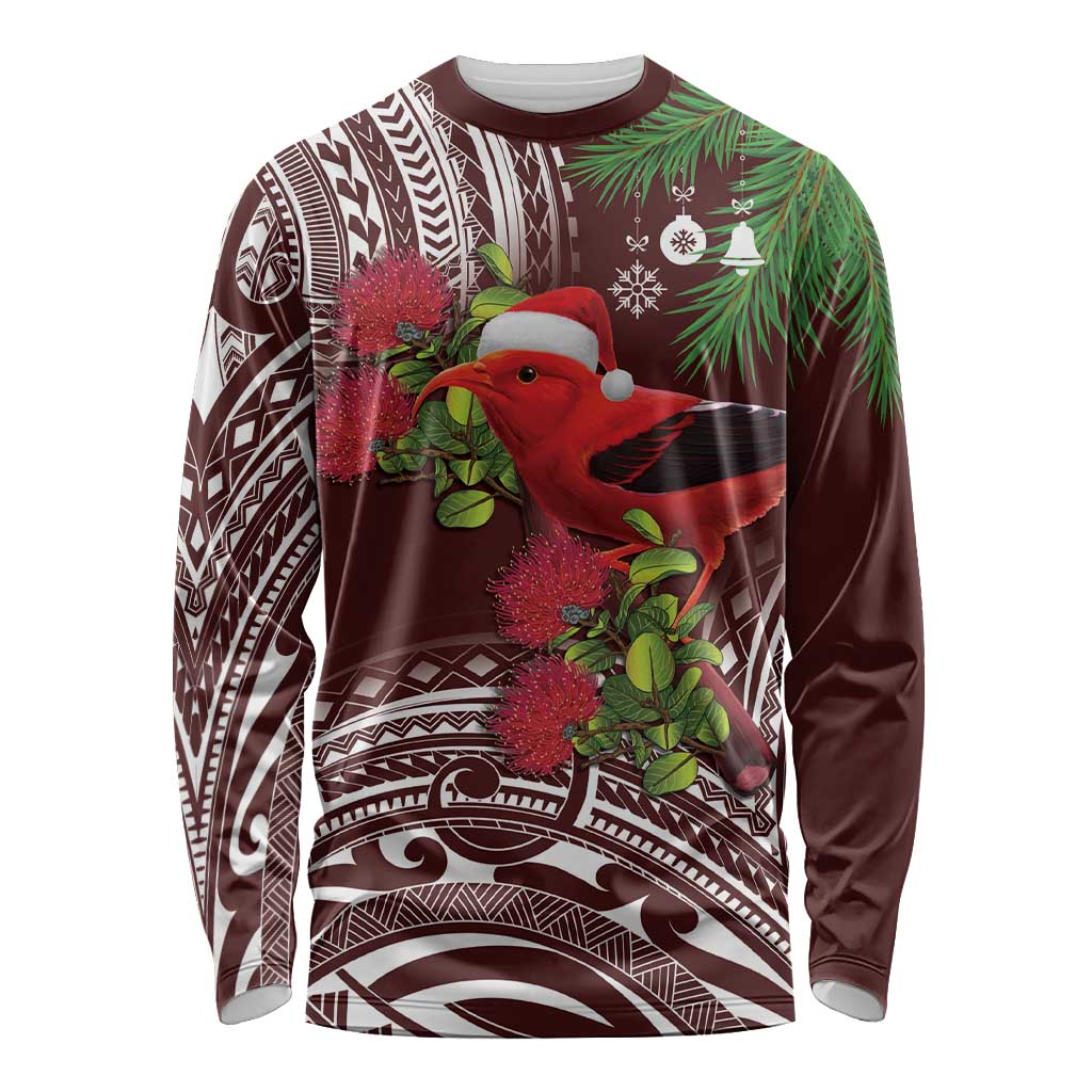 Christmas Hawaii with I'iwi Bird Long Sleeve Shirt Aloha Mele Kalikimaka - Oxblood Art