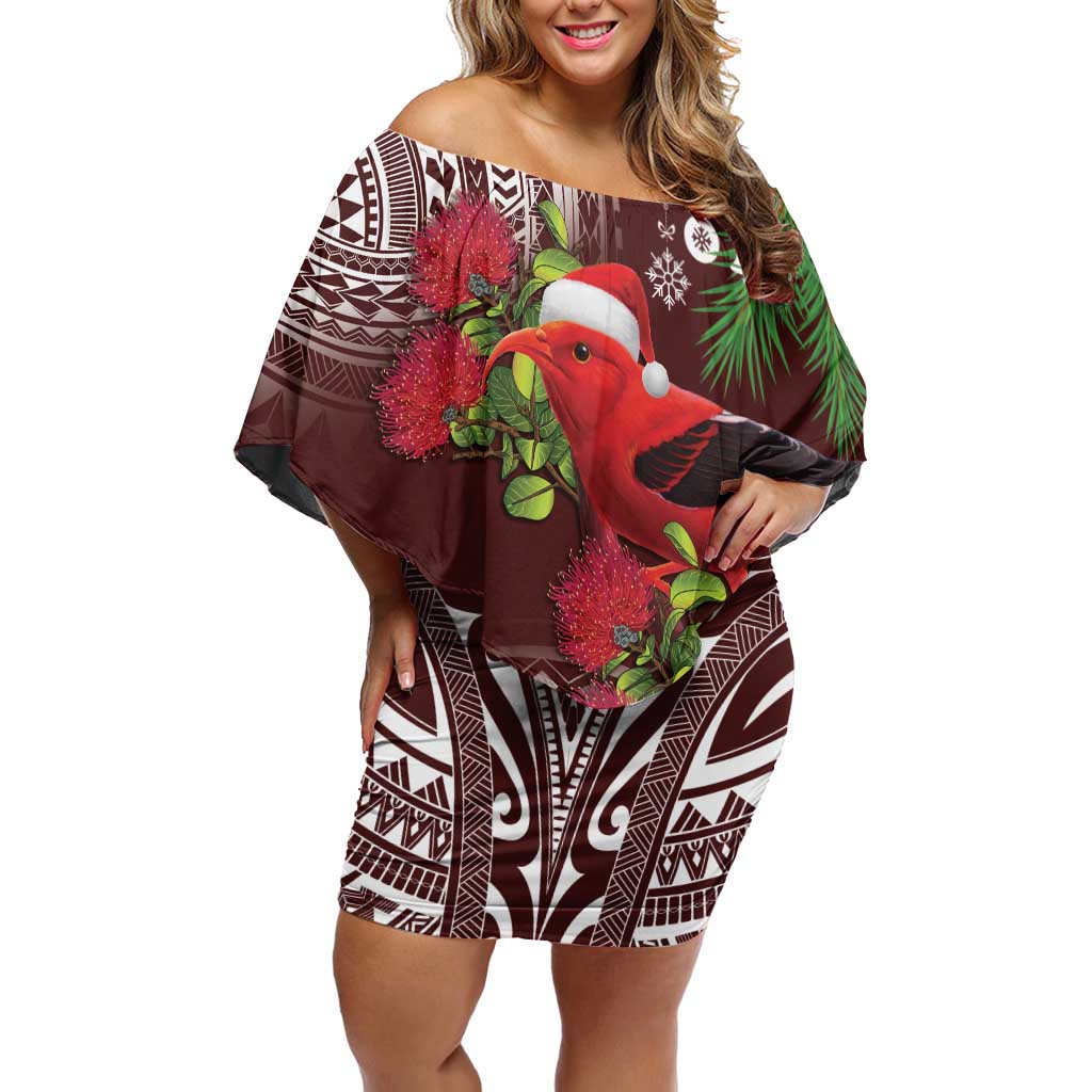 Christmas Hawaii with I'iwi Bird Off Shoulder Short Dress Aloha Mele Kalikimaka - Oxblood Art