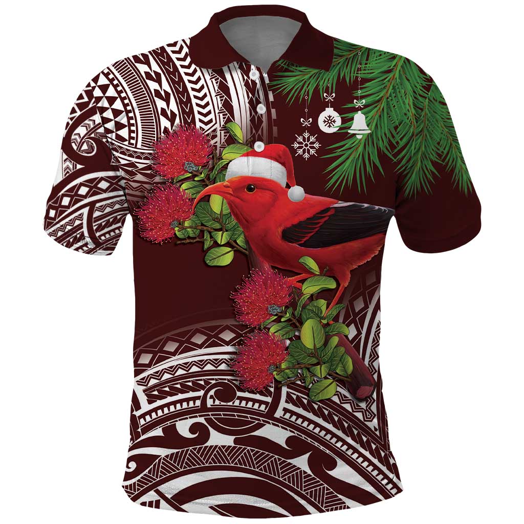 Christmas Hawaii with I'iwi Bird Polo Shirt Aloha Mele Kalikimaka - Oxblood Art