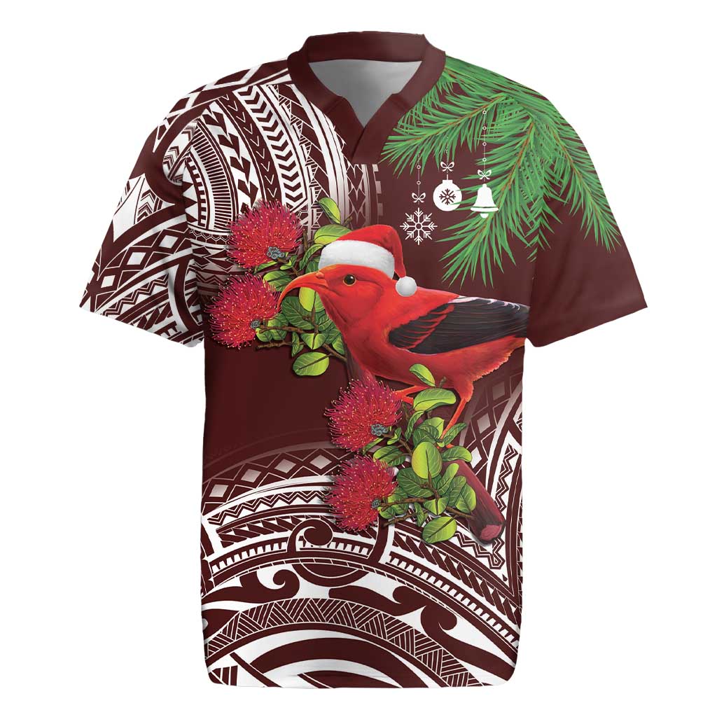 Christmas Hawaii with I'iwi Bird Rugby Jersey Aloha Mele Kalikimaka - Oxblood Art