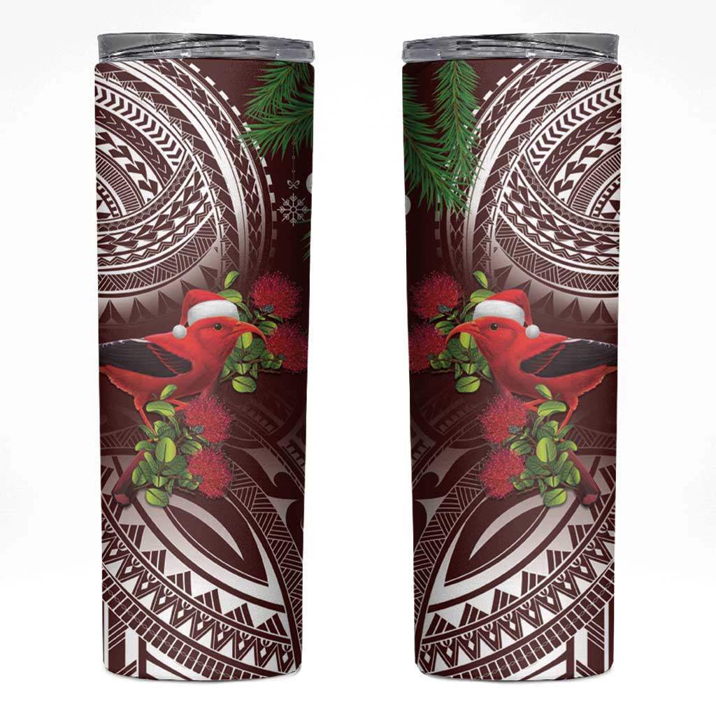 Christmas Hawaii with I'iwi Bird Skinny Tumbler Aloha Mele Kalikimaka - Oxblood Art