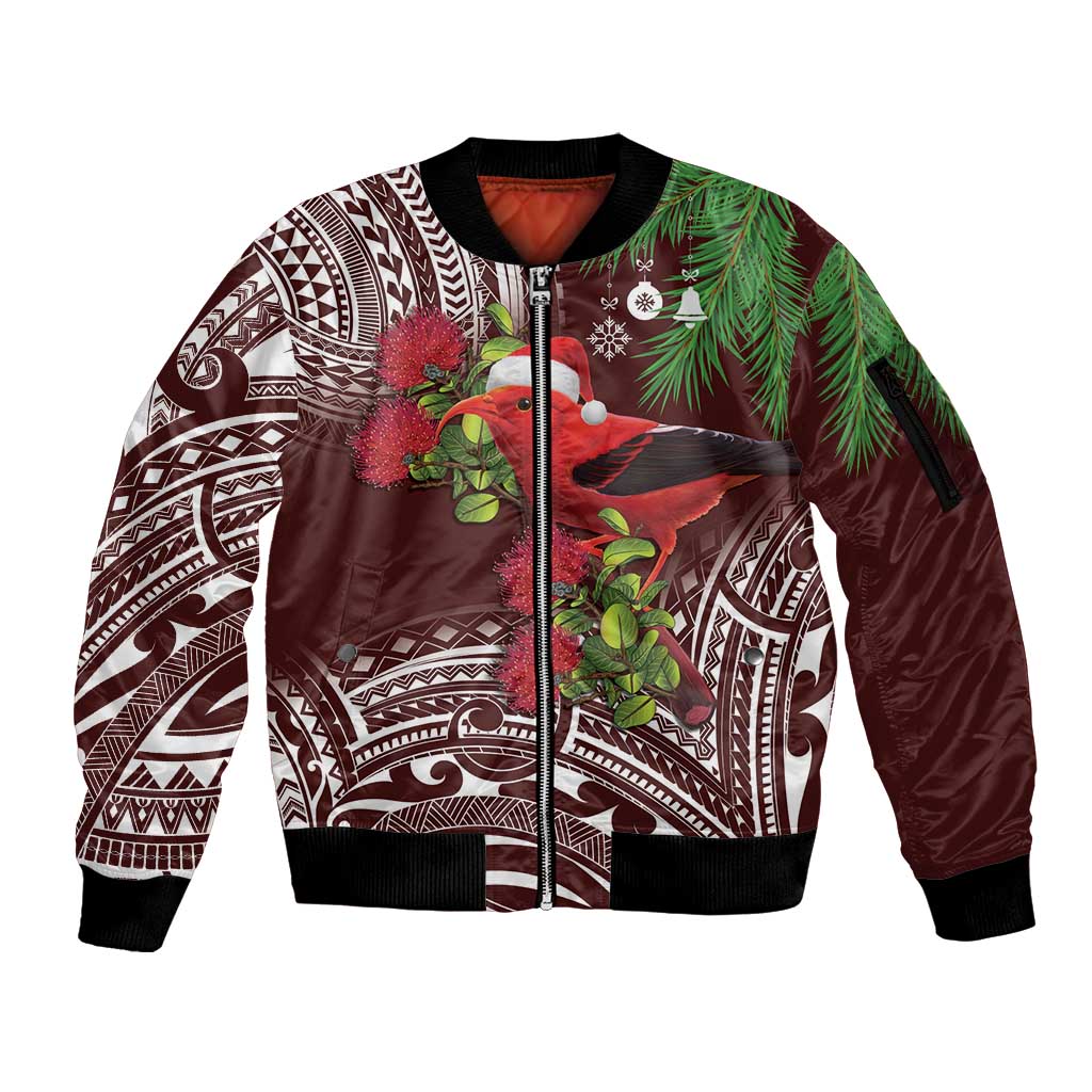 Christmas Hawaii with I'iwi Bird Sleeve Zip Bomber Jacket Aloha Mele Kalikimaka - Oxblood Art