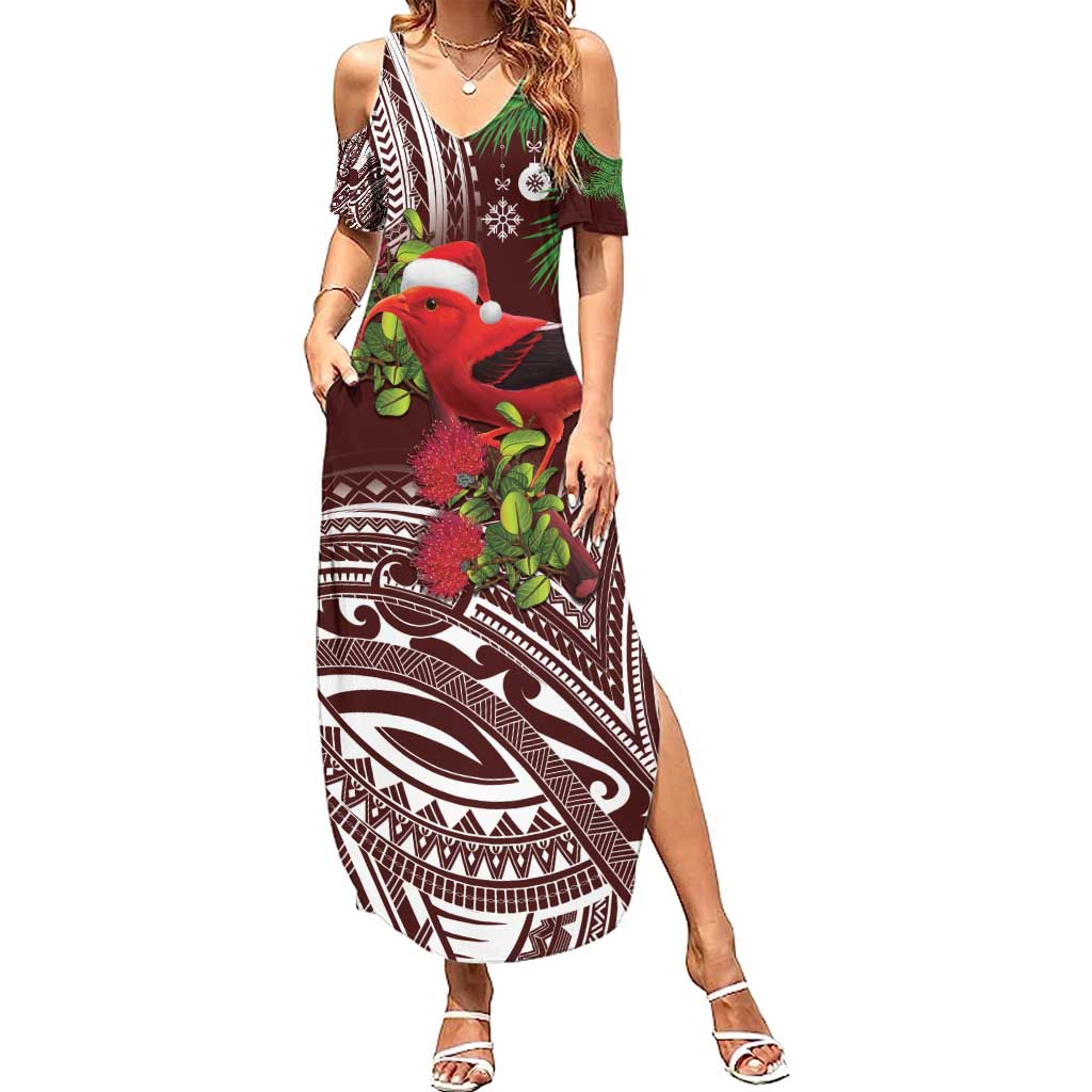 Christmas Hawaii with I'iwi Bird Summer Maxi Dress Aloha Mele Kalikimaka - Oxblood Art LT9 Women Oxblood - Polynesian Pride