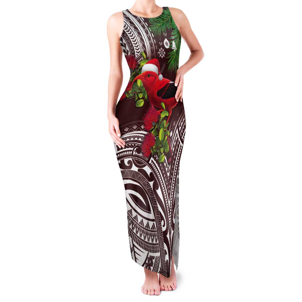 Christmas Hawaii with I'iwi Bird Tank Maxi Dress Aloha Mele Kalikimaka - Oxblood Art LT9 Women Oxblood - Polynesian Pride