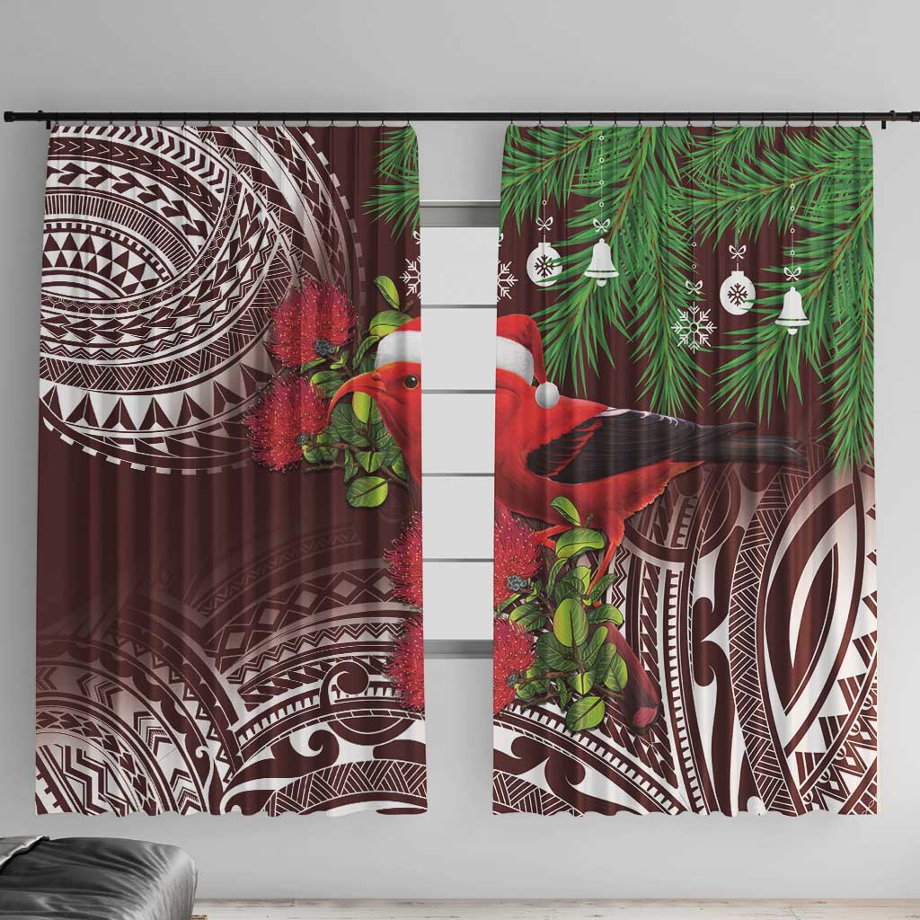 Christmas Hawaii with I'iwi Bird Window Curtain Aloha Mele Kalikimaka - Oxblood Art LT9 With Hooks Oxblood - Polynesian Pride