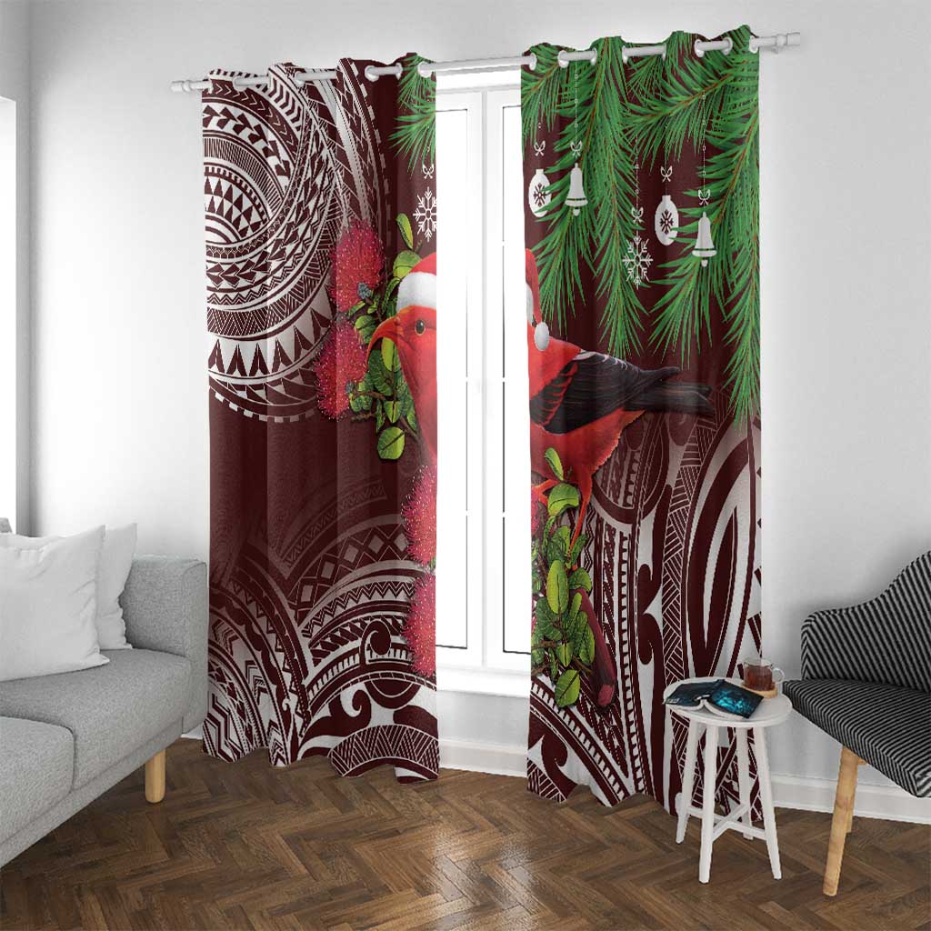 Christmas Hawaii with I'iwi Bird Window Curtain Aloha Mele Kalikimaka - Oxblood Art LT9 With Grommets Oxblood - Polynesian Pride