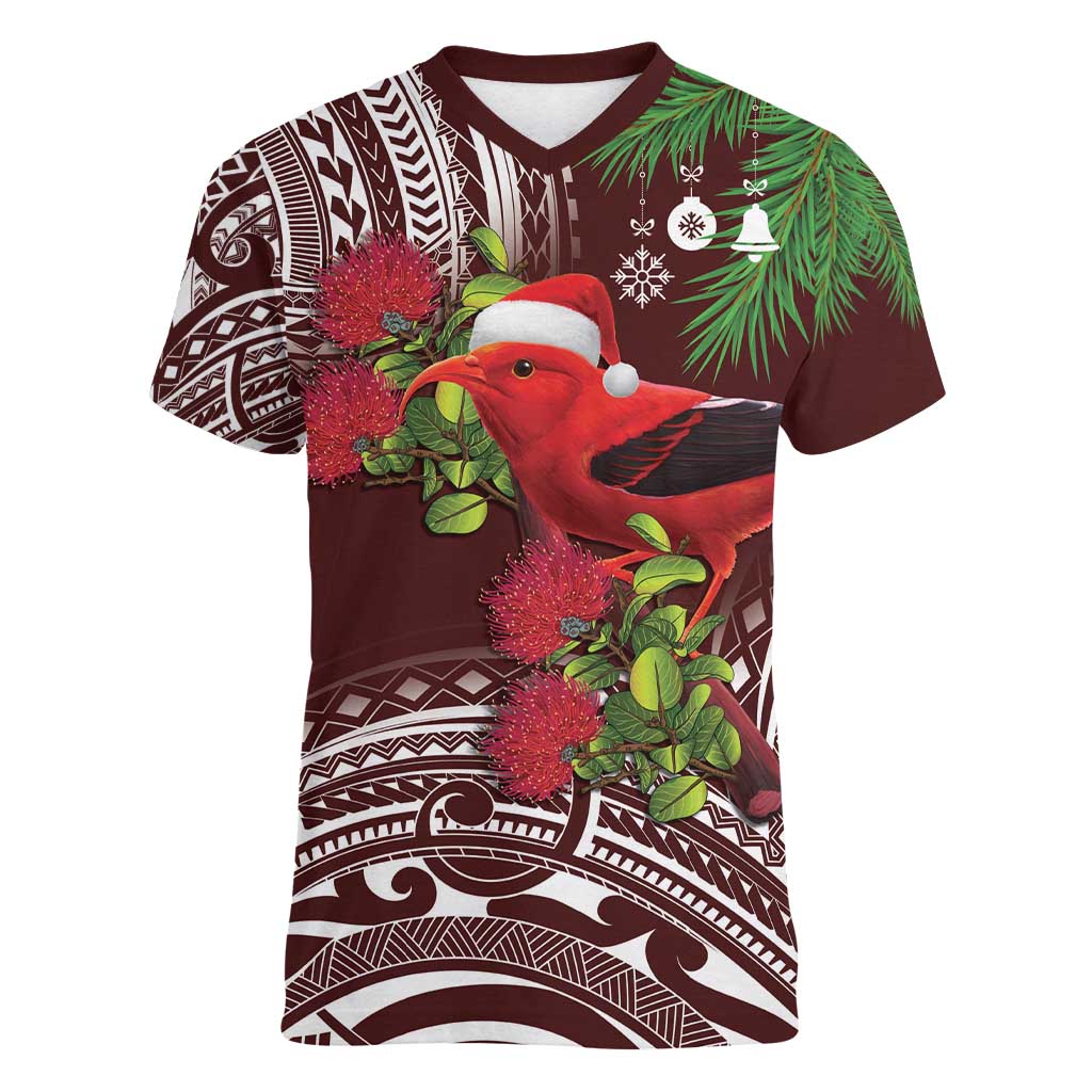 Christmas Hawaii with I'iwi Bird Women V-Neck T-Shirt Aloha Mele Kalikimaka - Oxblood Art