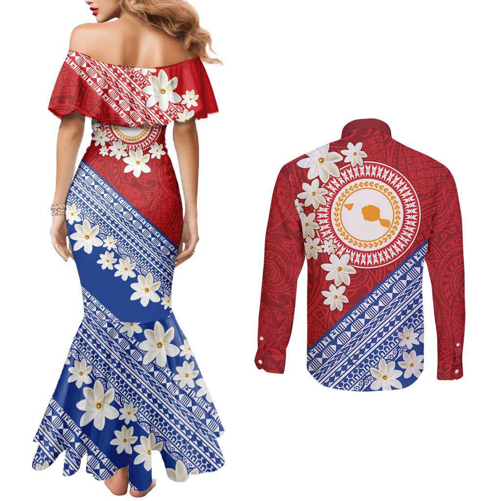 French Polynesia Couples Matching Mermaid Dress and Long Sleeve Button Shirt Tahitian Tiare Flowers Tribal