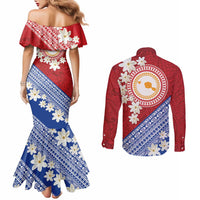 French Polynesia Couples Matching Mermaid Dress and Long Sleeve Button Shirt Tahitian Tiare Flowers Tribal
