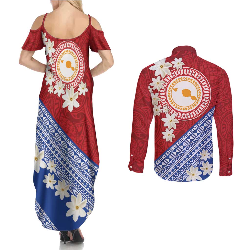French Polynesia Couples Matching Summer Maxi Dress and Long Sleeve Button Shirt Tahitian Tiare Flowers Tribal