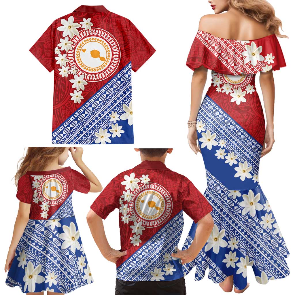 French Polynesia Family Matching Mermaid Dress and Hawaiian Shirt Tahitian Tiare Flowers Tribal