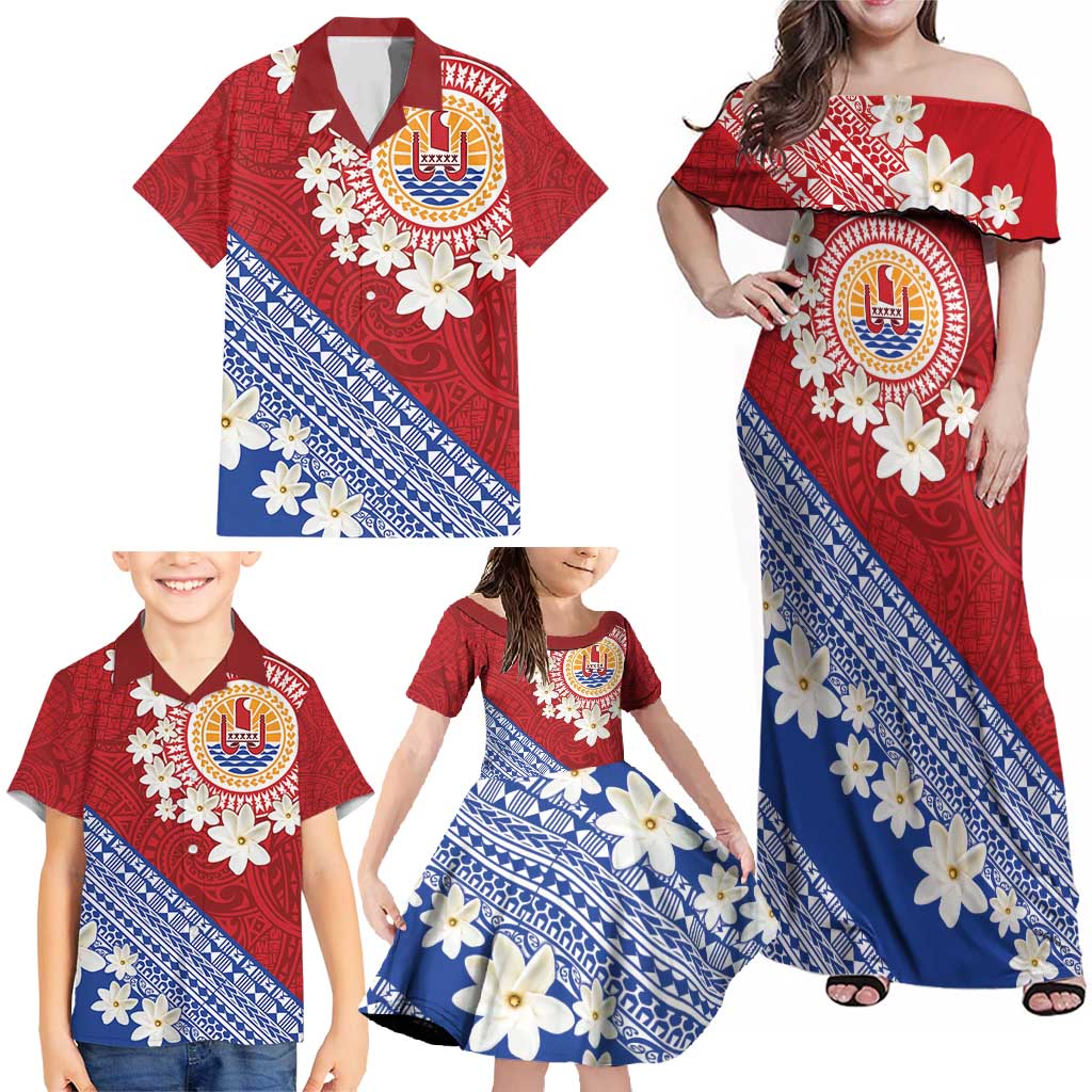 French Polynesia Family Matching Off Shoulder Maxi Dress and Hawaiian Shirt Tahitian Tiare Flowers Tribal