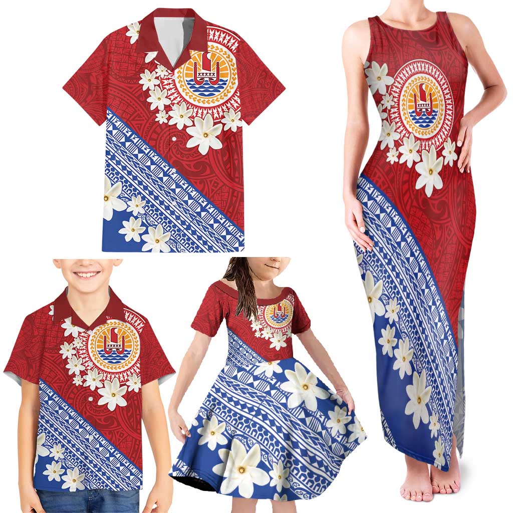 French Polynesia Family Matching Tank Maxi Dress and Hawaiian Shirt Tahitian Tiare Flowers Tribal