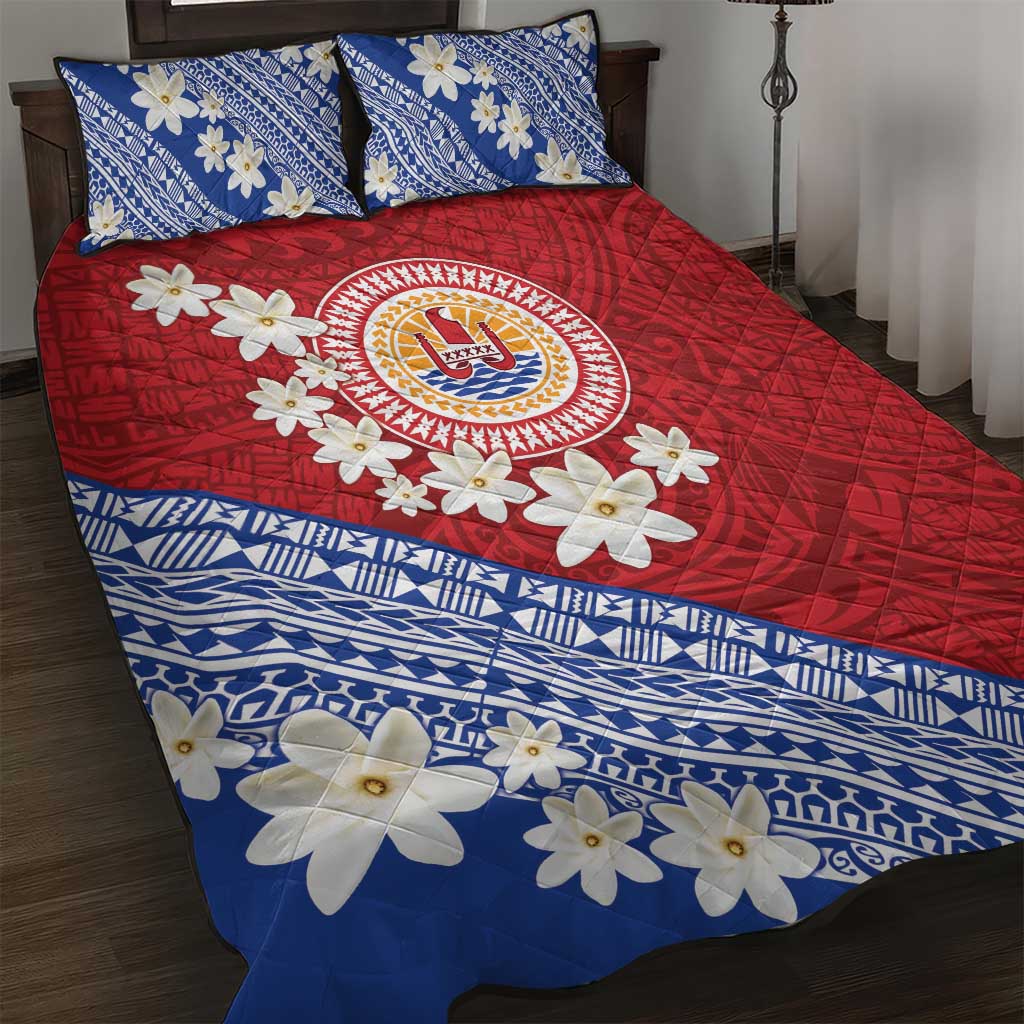 French Polynesia Quilt Bed Set Tahitian Tiare Flowers Tribal