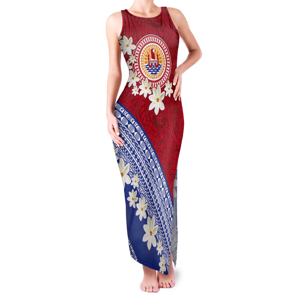 French Polynesia Tank Maxi Dress Tahitian Tiare Flowers Tribal