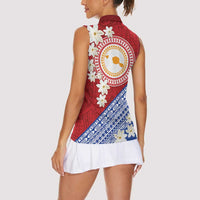 French Polynesia Women Sleeveless Polo Shirt Tahitian Tiare Flowers Tribal