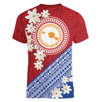 French Polynesia Women V-Neck T-Shirt Tahitian Tiare Flowers Tribal