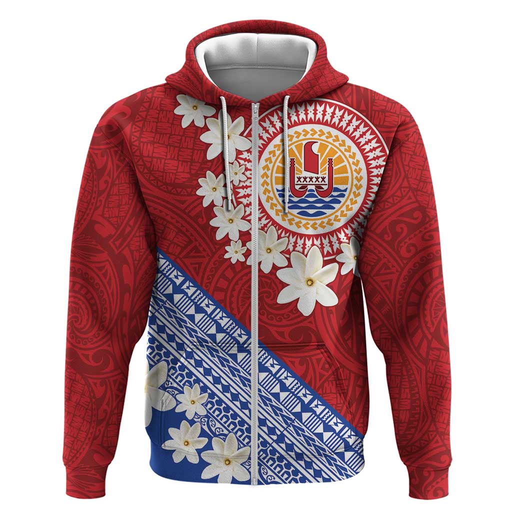 French Polynesia Zip Hoodie Tahitian Tiare Flowers Tribal