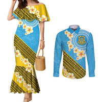 Tuvalu Plumeria Flowers Couples Matching Mermaid Dress and Long Sleeve Button Shirt Polynesian Tribal Pattern LT9 Blue - Polynesian Pride