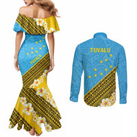 Tuvalu Plumeria Flowers Couples Matching Mermaid Dress and Long Sleeve Button Shirt Polynesian Tribal Pattern LT9 - Polynesian Pride