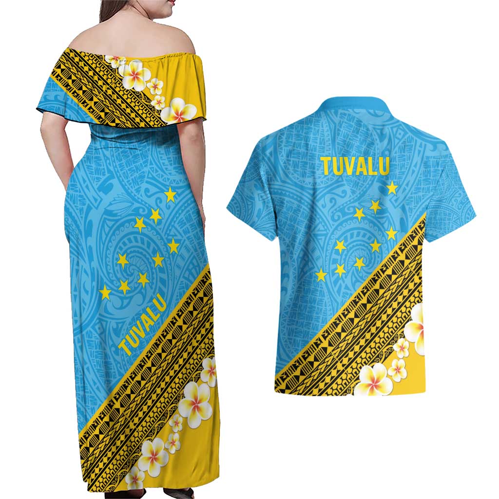 Tuvalu Plumeria Flowers Couples Matching Off Shoulder Maxi Dress and Hawaiian Shirt Polynesian Tribal Pattern