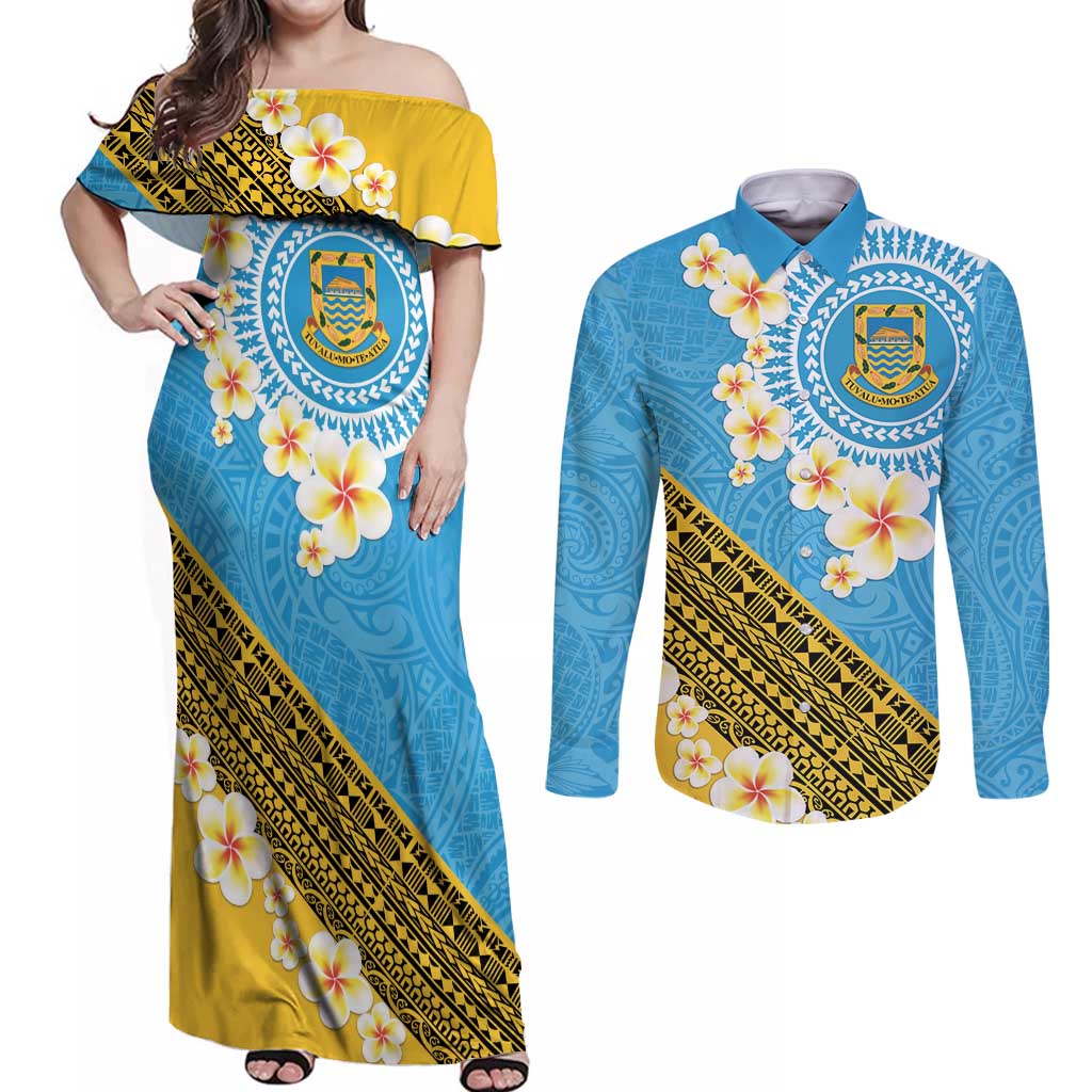 Tuvalu Plumeria Flowers Couples Matching Off Shoulder Maxi Dress and Long Sleeve Button Shirt Polynesian Tribal Pattern LT9 Blue - Polynesian Pride