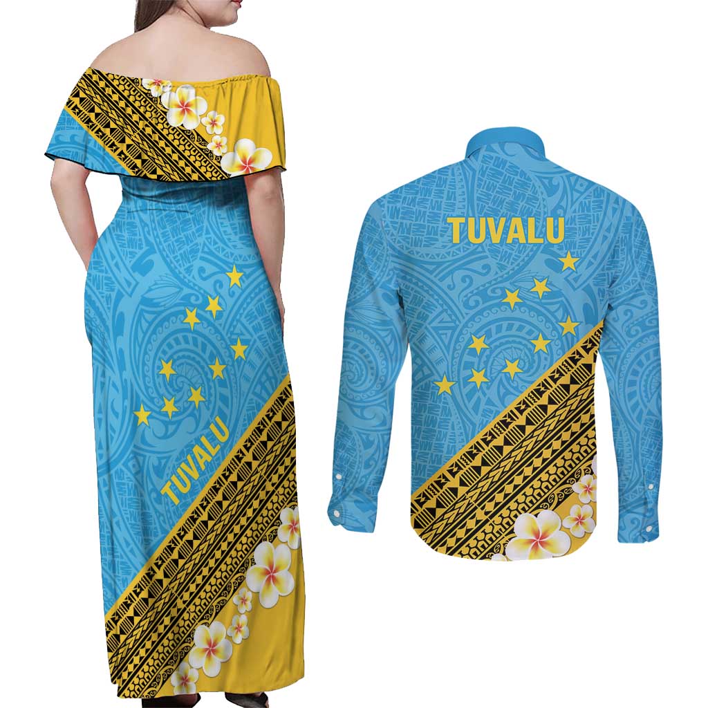 Tuvalu Plumeria Flowers Couples Matching Off Shoulder Maxi Dress and Long Sleeve Button Shirt Polynesian Tribal Pattern LT9 - Polynesian Pride
