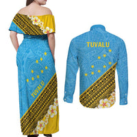 Tuvalu Plumeria Flowers Couples Matching Off Shoulder Maxi Dress and Long Sleeve Button Shirt Polynesian Tribal Pattern LT9 - Polynesian Pride