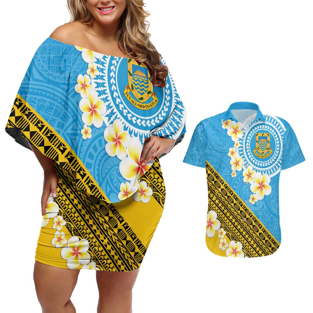 Tuvalu Plumeria Flowers Couples Matching Off Shoulder Short Dress and Hawaiian Shirt Polynesian Tribal Pattern LT9 Blue - Polynesian Pride