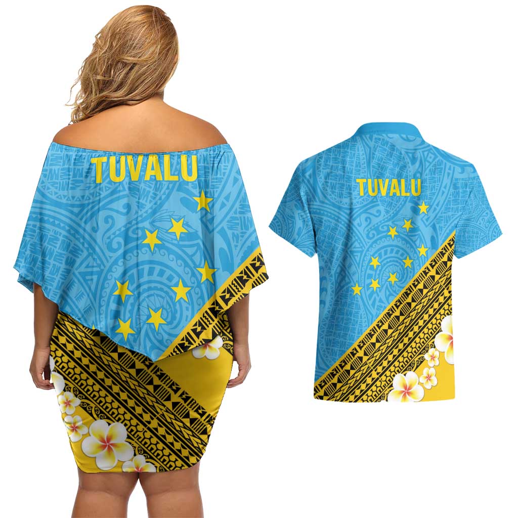 Tuvalu Plumeria Flowers Couples Matching Off Shoulder Short Dress and Hawaiian Shirt Polynesian Tribal Pattern LT9 - Polynesian Pride