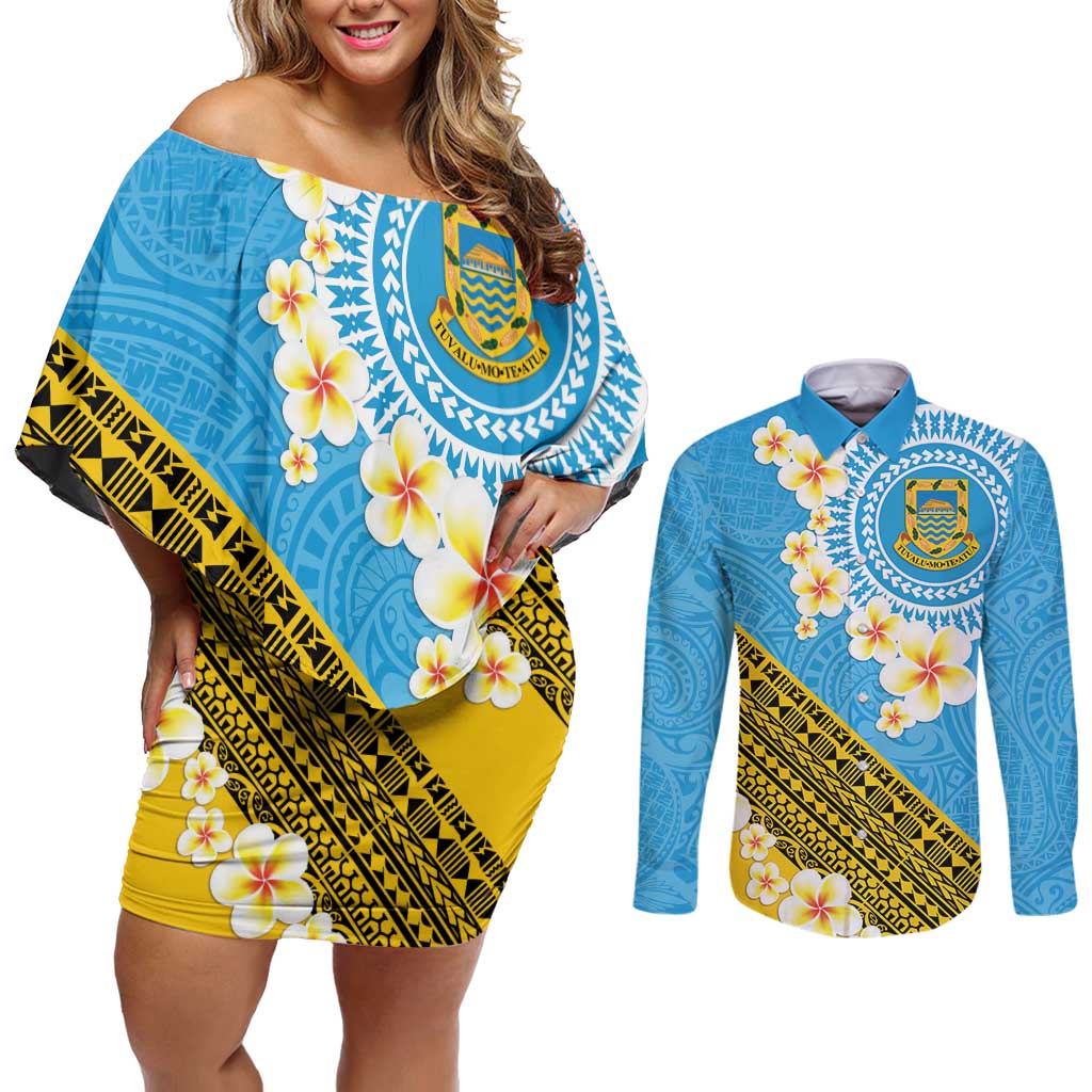 Tuvalu Plumeria Flowers Couples Matching Off Shoulder Short Dress and Long Sleeve Button Shirt Polynesian Tribal Pattern LT9 Blue - Polynesian Pride