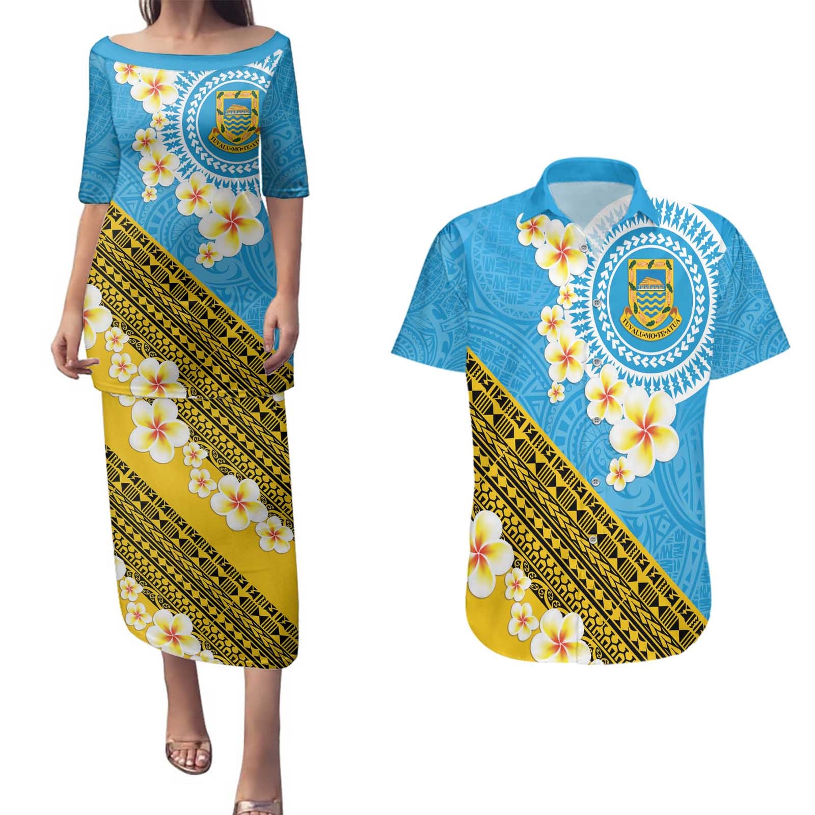 Tuvalu Plumeria Flowers Couples Matching Puletasi and Hawaiian Shirt Polynesian Tribal Pattern LT9 Blue - Polynesian Pride